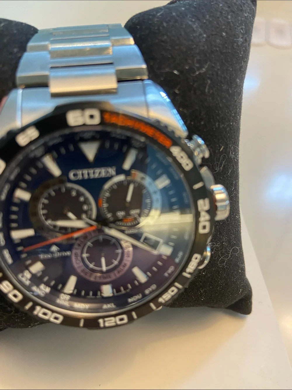 Citizen Eco-Drive Stainless Watch with Blue Dial and Silver Bracelet.. sapphire